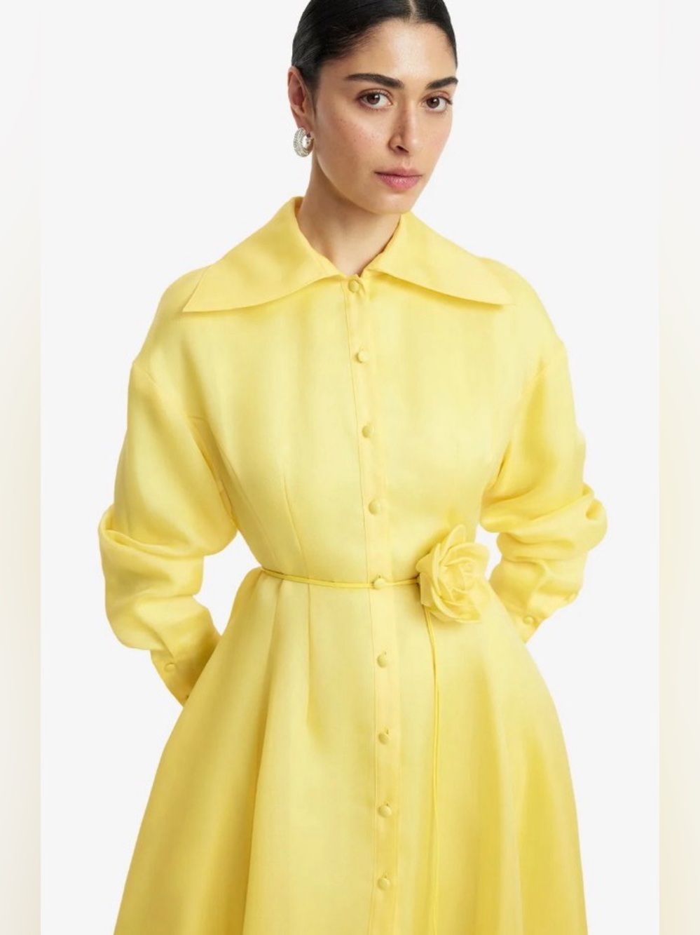 LEO LIN Pink Josephine 100% Silk Yellow Long Sleeve Maxi Shirt Dress NWOT - Picture 3 of 6